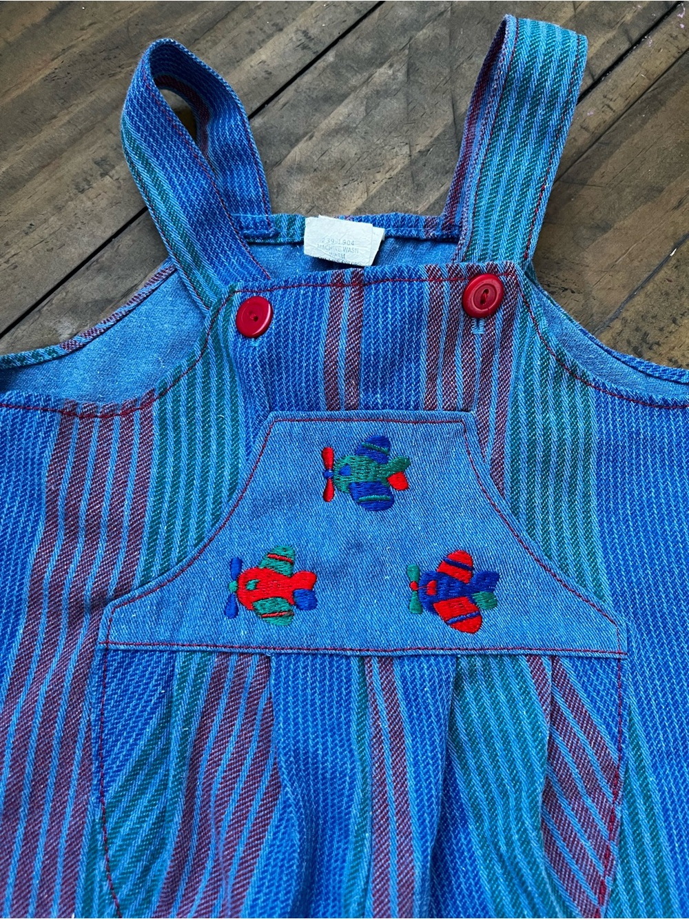 Vintage Baby Striped Blue Overalls with Airplane Embroidery - Picture 2 of 5